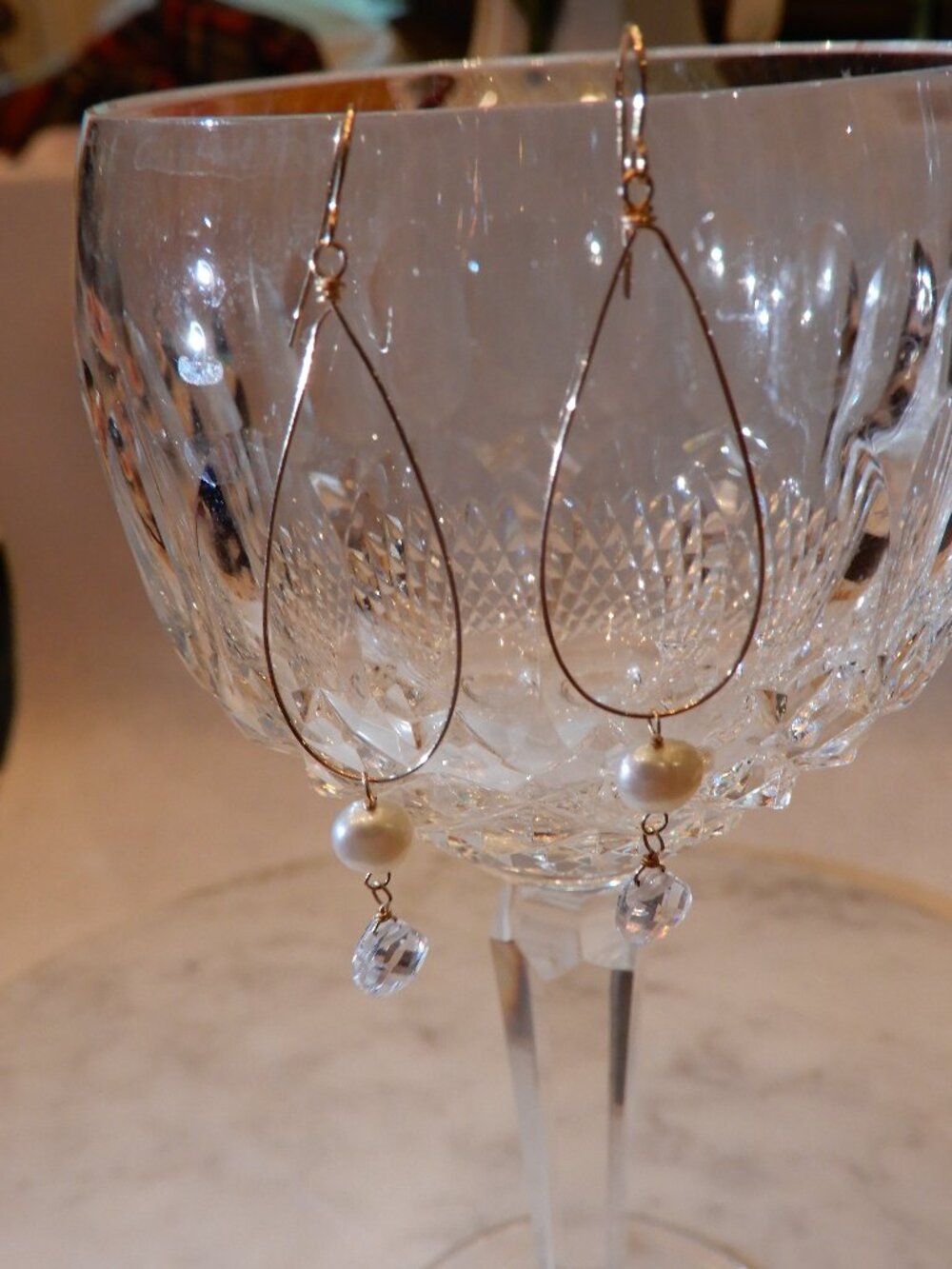 Gold fill Wire, Faux White Pearl, and Crystal Dangle Earrings